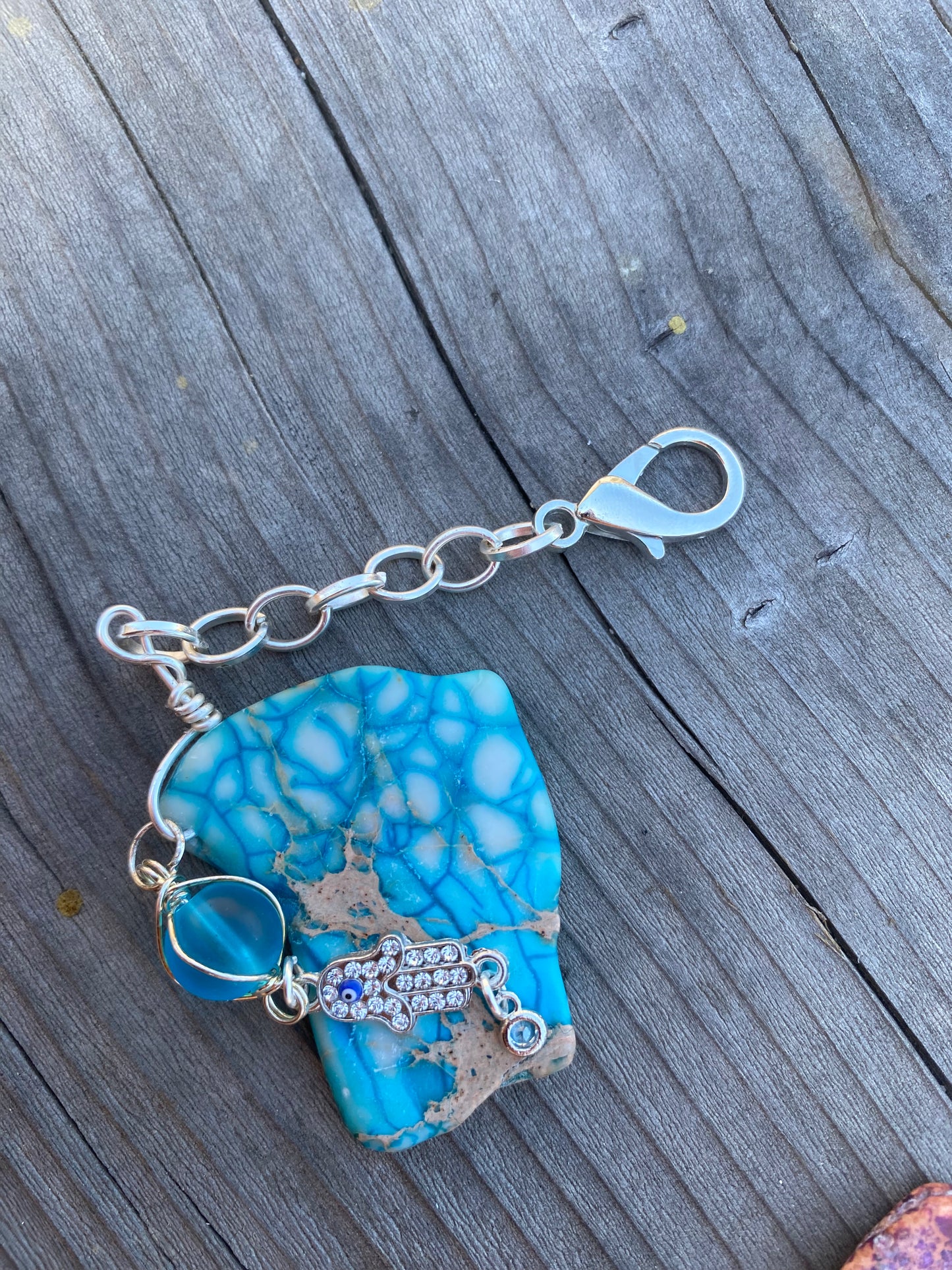 Keychain teal jasper/evil eye hand